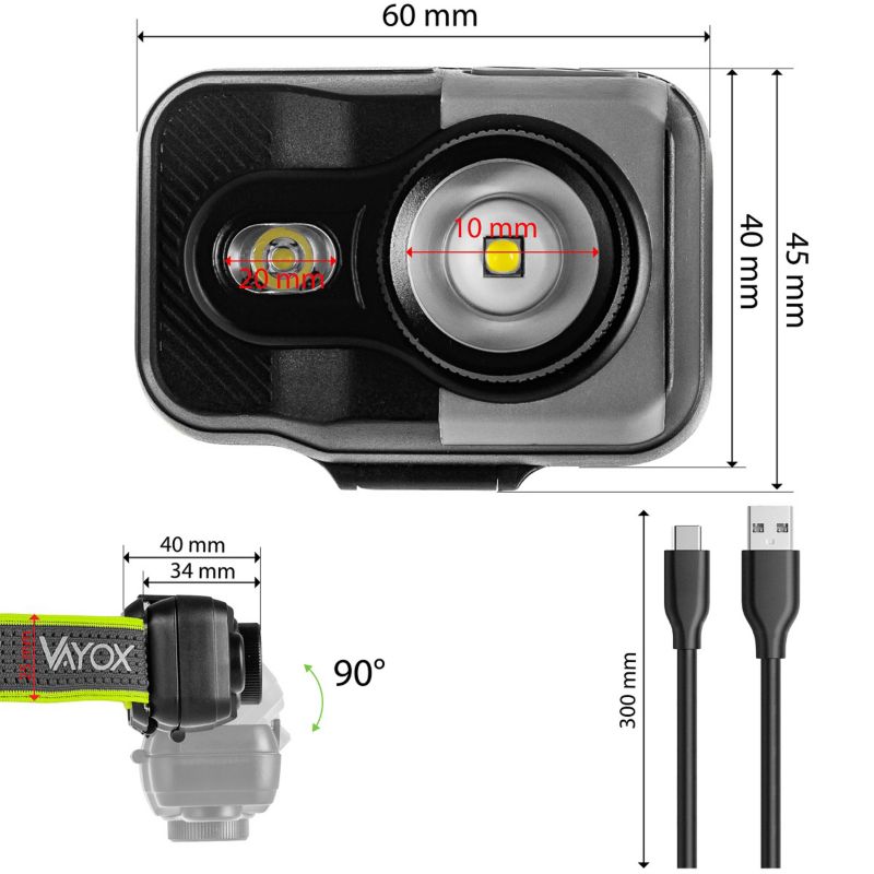 Vayox VA0196 genopladelig pandelampe med zoom, 800 lm, 1 stk.