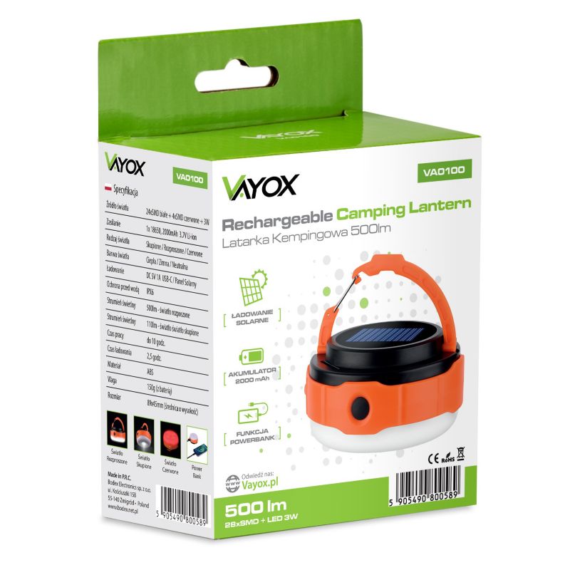 Vayox VA0100 campinglygte med genopladeligt batteri, solcelle og powerbank, 500 lm, 1 stk.