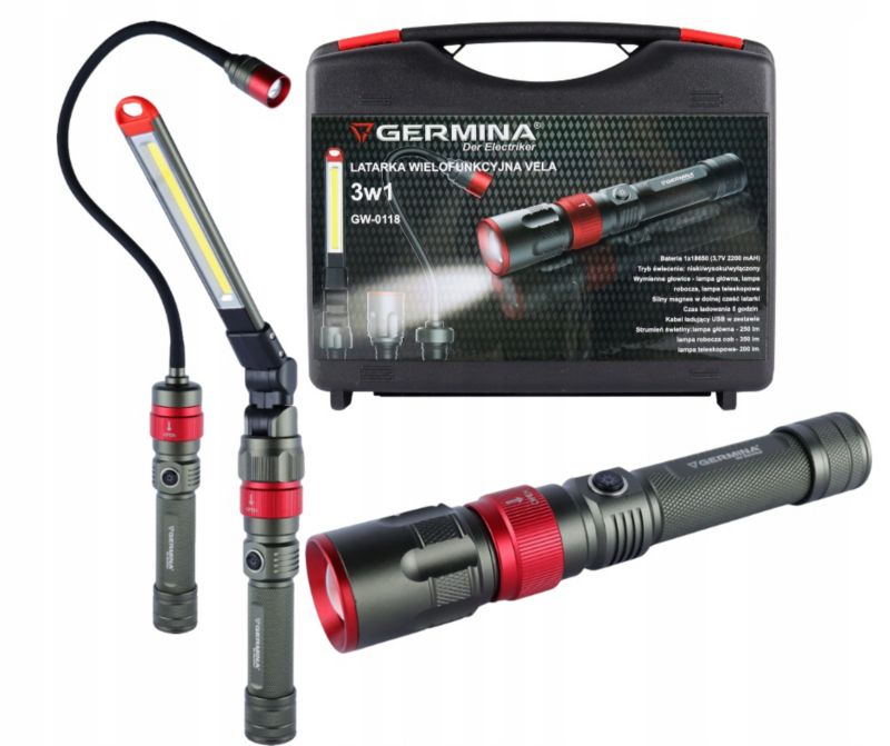 LED-lommelygte 3-i-1 Germina multifunktionel batteridrevet med udskifteligt hoved + kuffert 1 sæt