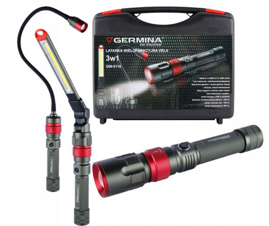 LED-lommelygte 3-i-1 Germina multifunktionel batteridrevet med udskifteligt hoved + kuffert 1 sæt