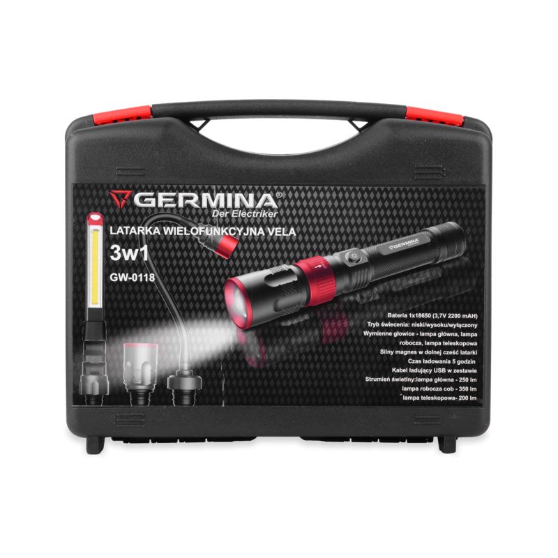 LED-lommelygte 3-i-1 Germina multifunktionel batteridrevet med udskifteligt hoved + kuffert 1 sæt
