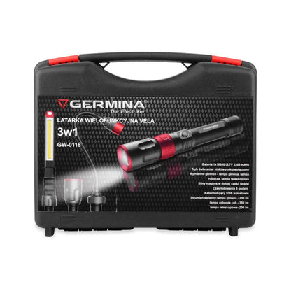 LED-lommelygte 3-i-1 Germina multifunktionel batteridrevet med udskifteligt hoved + kuffert 1 sæt