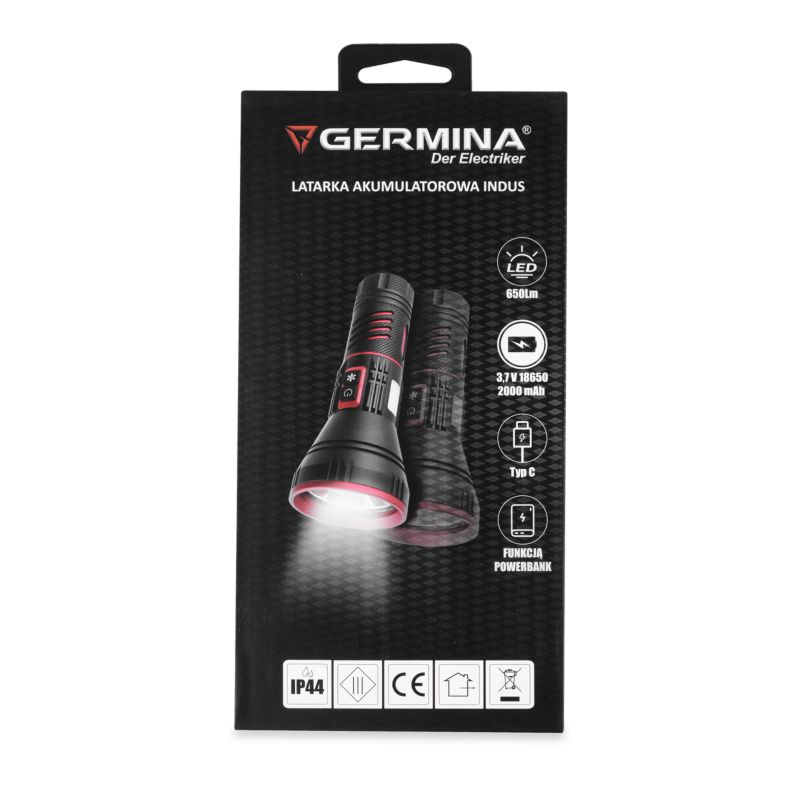 Germina LED-genopladelig lommelygte 2000mAh, 4 lysindstillinger, 650lm, 1 stk.