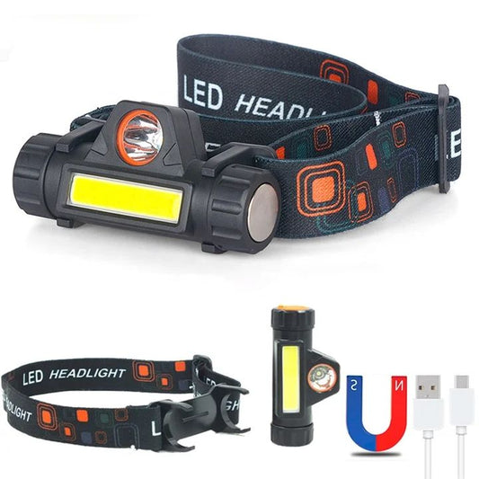 XUDO LED-pandelampe 1W COB + 1W LED med indbygget magnet, sort med pandebånd og micro-USB-kabel, 1 stk.