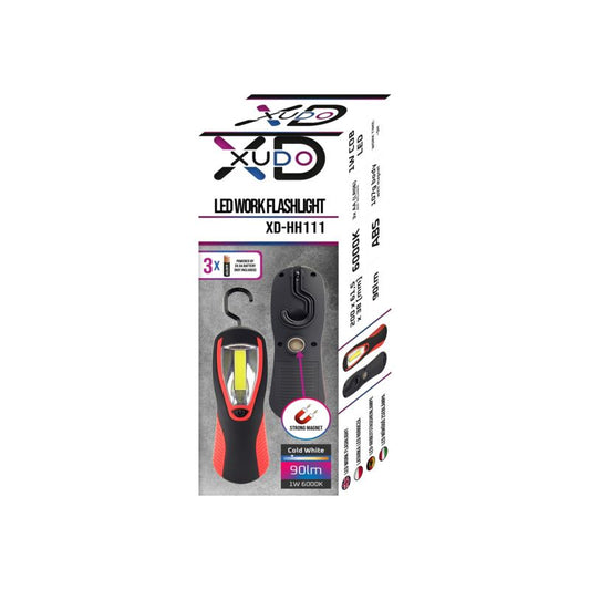 XUDO LED-arbejdslommelygte 1W COB 3xAA med magnet og krog Rød-svart 1 stk.