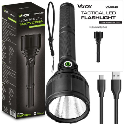 Vayox VA0043 taktisk genopladelig lommelygte, vandtæt IPX6, 3000 lm, 1 stk.