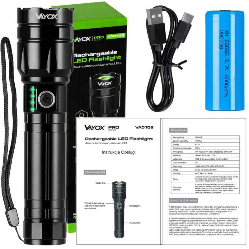 Vayox VA0108 taktisk genopladelig lommelygte med ZOOM, vandtæt IPX5, 1060 lm, 1 stk.