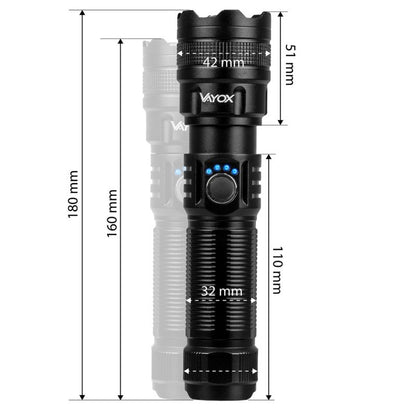 Vayox VA0179 taktisk genopladelig lommelygte med ZOOM 600 lm, 1 stk.