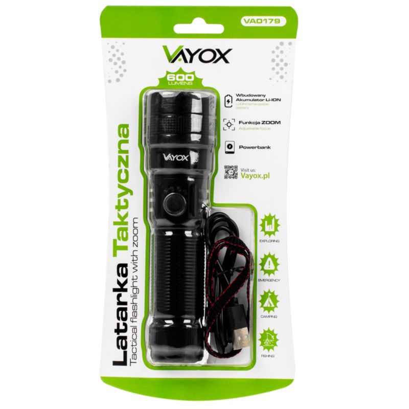 Vayox VA0179 taktisk genopladelig lommelygte med ZOOM 600 lm, 1 stk.