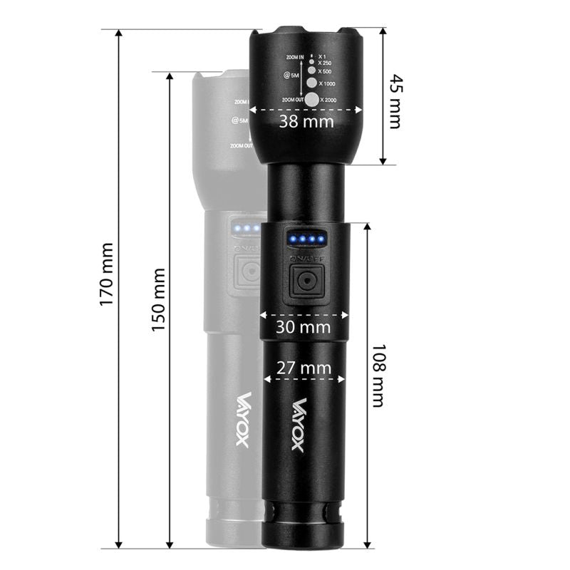 Vayox VA0180 taktisk genopladelig lommelygte med ZOOM, 800 lm, 1 stk.