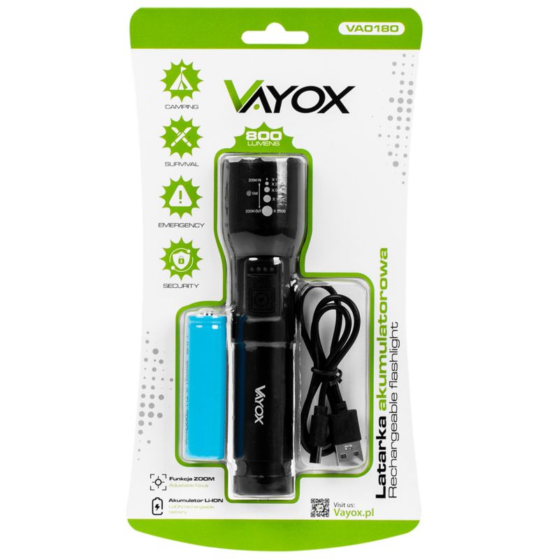 Vayox VA0180 taktisk genopladelig lommelygte med ZOOM, 800 lm, 1 stk.