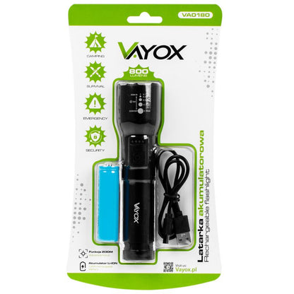 Vayox VA0180 taktisk genopladelig lommelygte med ZOOM, 800 lm, 1 stk.