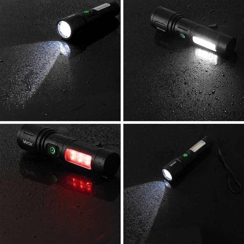 Vayox VA0181 taktisk genopladelig lommelygte med sidelyst og ZOOM, 260 lm, 1 stk.