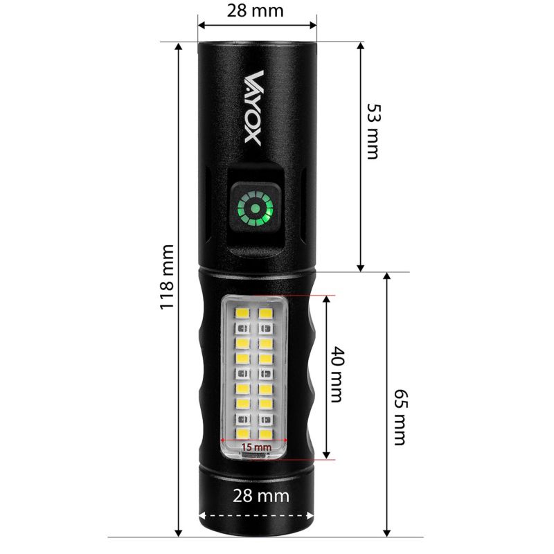 Vayox VA0184 taktisk lommelygte med genopladeligt batteri, sidelampe 250 lm, 1 stk.
