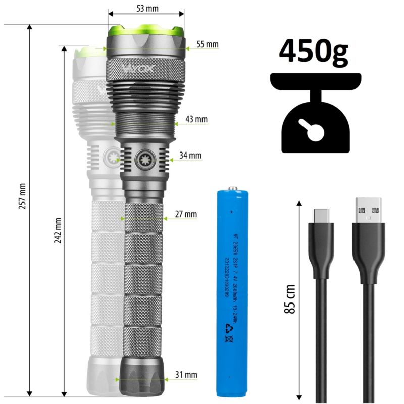 Vayox VA0254 taktisk genopladelig lommelygte med zoom, vandtæt IPX7, 10000 lumen, 1 stk.