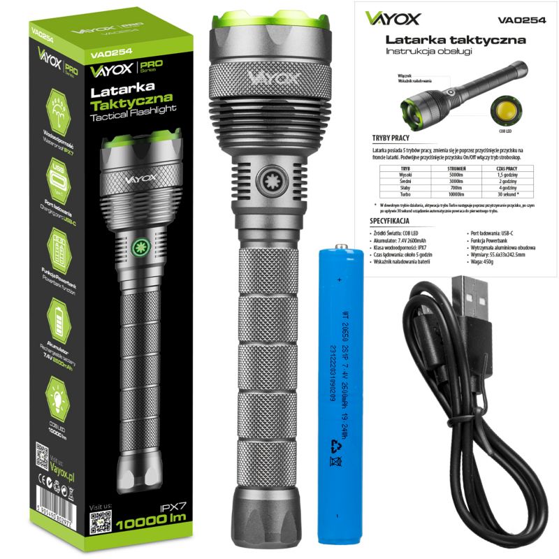 Vayox VA0254 taktisk genopladelig lommelygte med zoom, vandtæt IPX7, 10000 lumen, 1 stk.