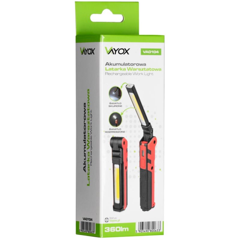 Vayox VA0104 værkstedslommelygte med genopladeligt batteri, magnet og 360 lm, 1 stk.