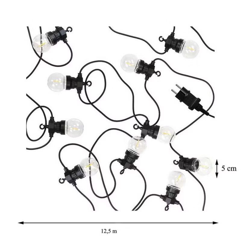 LED Lyskæde 12,5 m med 20 Pærer Varm Hvid IP44 Sort