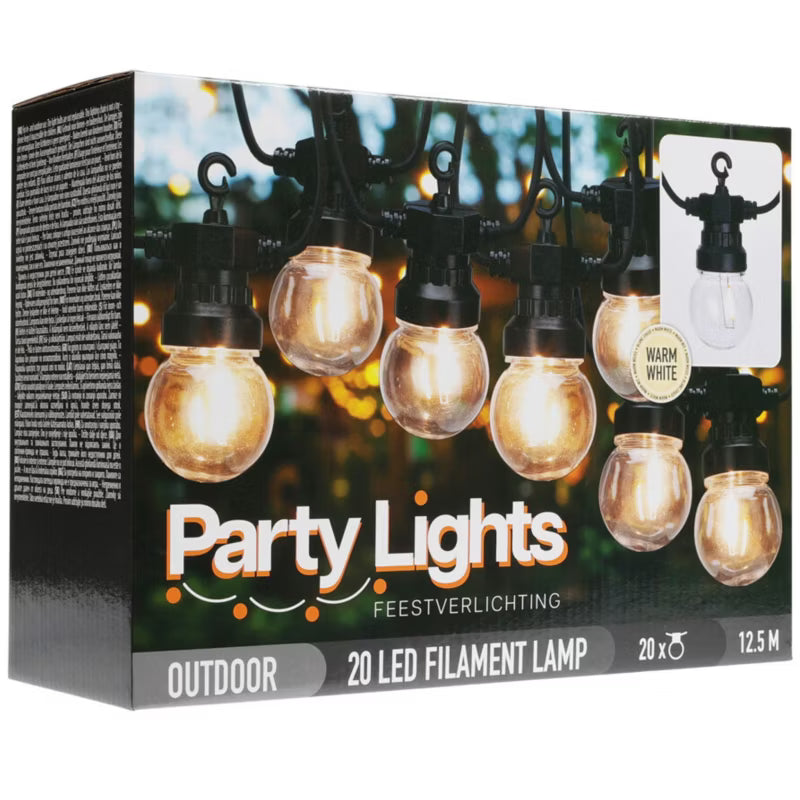 LED Lyskæde 12,5 m med 20 Pærer Varm Hvid IP44 Sort