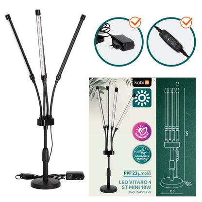 LED Plantelampe 10W med 4 Fleksible Arme og Timer