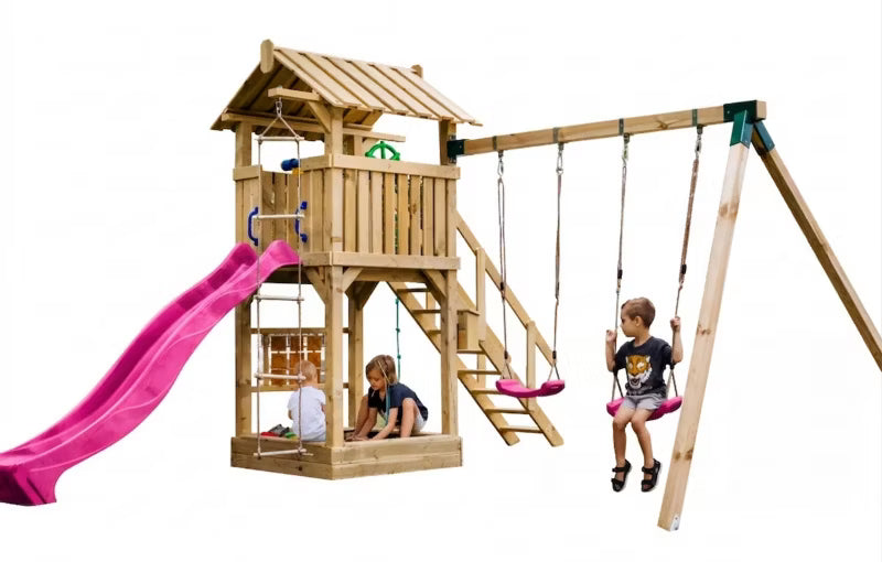 Legetårn Mały Raj 380x410 cm Træ med Lyserød Rutsjebane