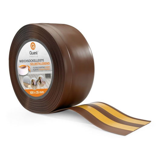 Selvklæbende fleksibel PVC-gulvliste 100x25 mm, QUEST, blød sokkelliste, brun, 25 m