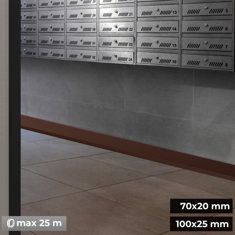 Selvklæbende fleksibel PVC-gulvliste 100x25 mm, QUEST, blød sokkelliste, brun, 25 m