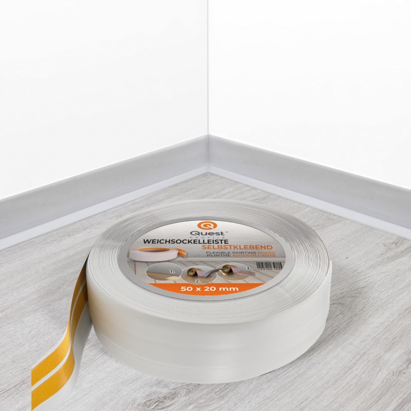 Selvklæbende fleksibel PVC-gulvliste 50x20 mm, QUEST, blød sokkelliste, lys grå, 5 m