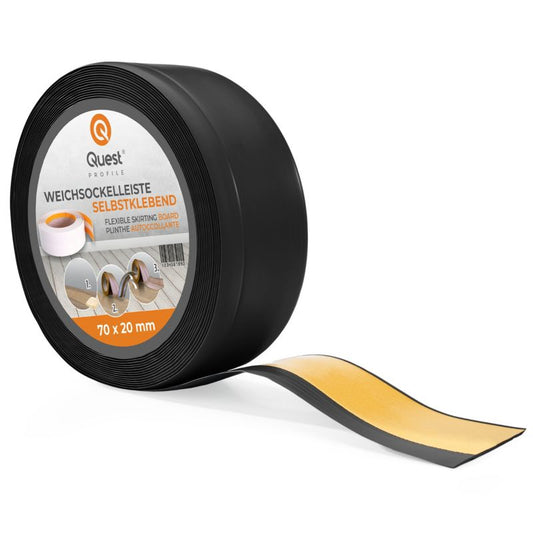 Selvklæbende fleksibel PVC-gulvliste 70x20 mm, QUEST, blød sokkelliste, sort, 1 m