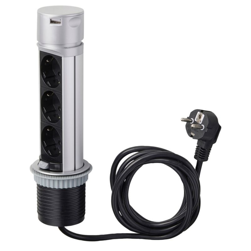 Udtrækkelig Otio-list med 3 jordede stik 16 A, 2 USB, 3 x 1,5 mm², 2 m