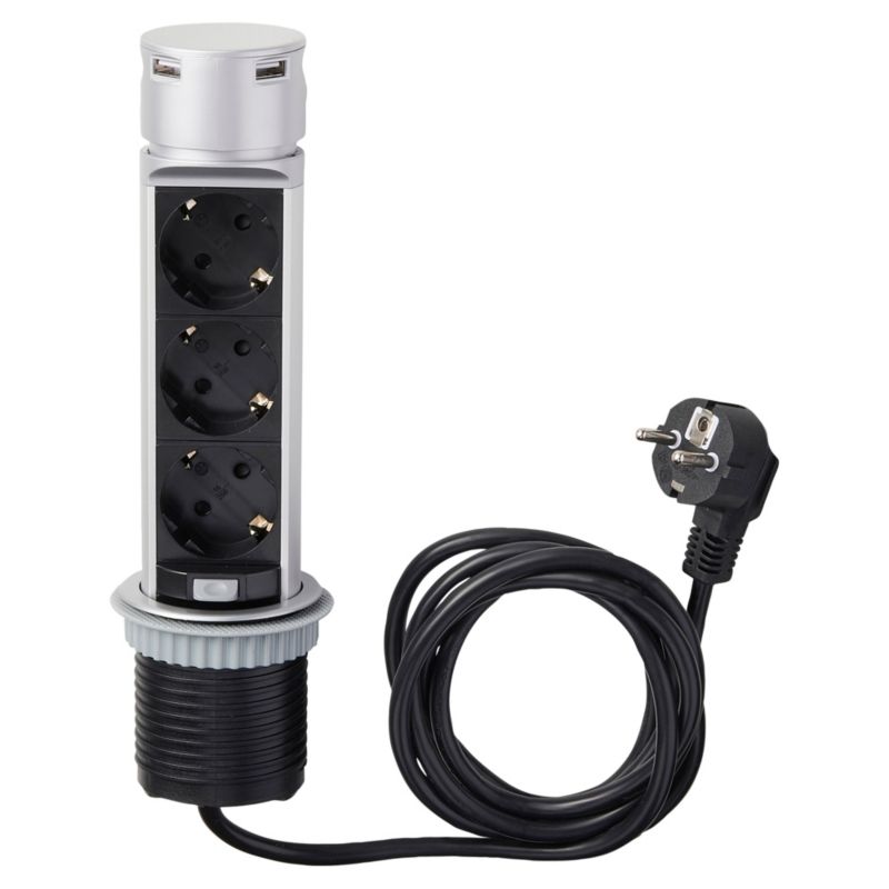 Udtrækkelig Otio-list med 3 jordede stik 16 A, 2 USB, 3 x 1,5 mm², 2 m
