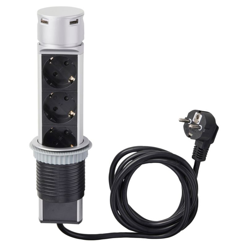 Udtrækkelig Otio-list med 3 jordede stik 16 A, 2 USB, 3 x 1,5 mm², 2 m