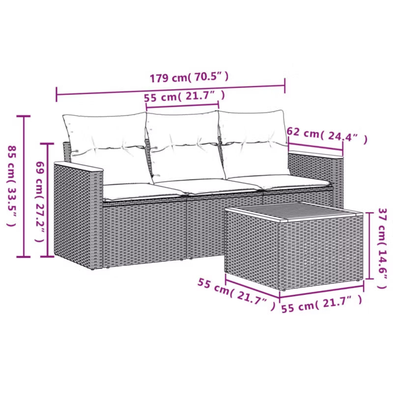 Loungesæt Polyrattan Sort med Hynder