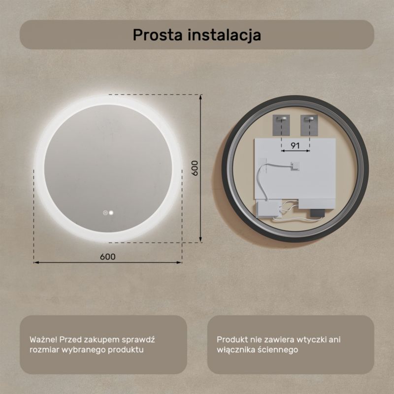 Rundt LED-badeværelsesspejl 60 cm med Dual LED, berøringsfri betjening og anti-dug