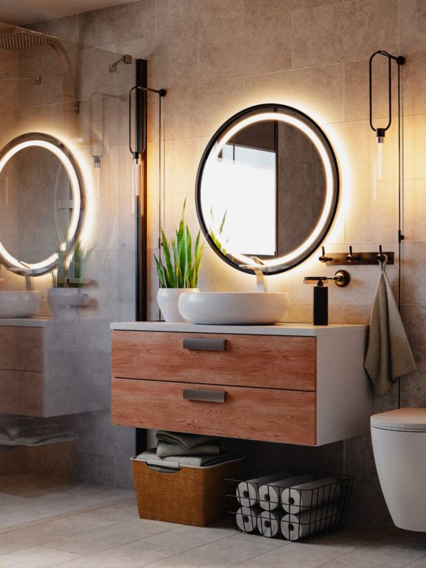 Rundt LED-spejl 60 cm Sort Aluminium