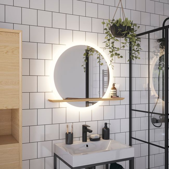 GoodHome Avela LED-spejl Ø 75 cm med hylde