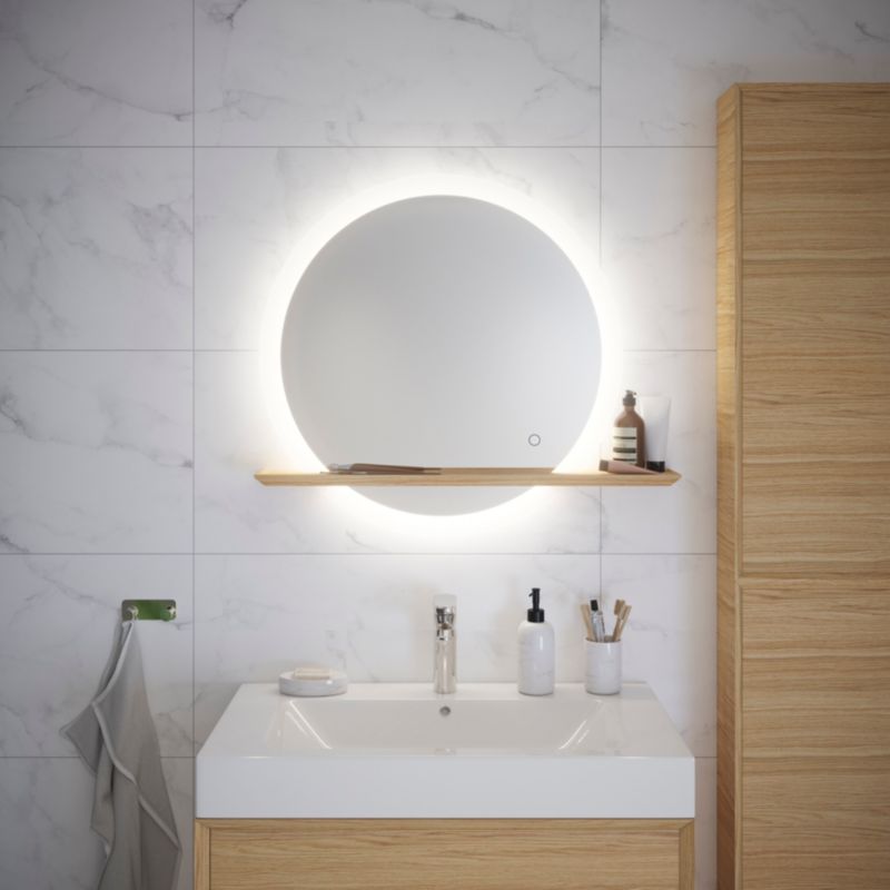 GoodHome Avela LED-spejl Ø 75 cm med hylde