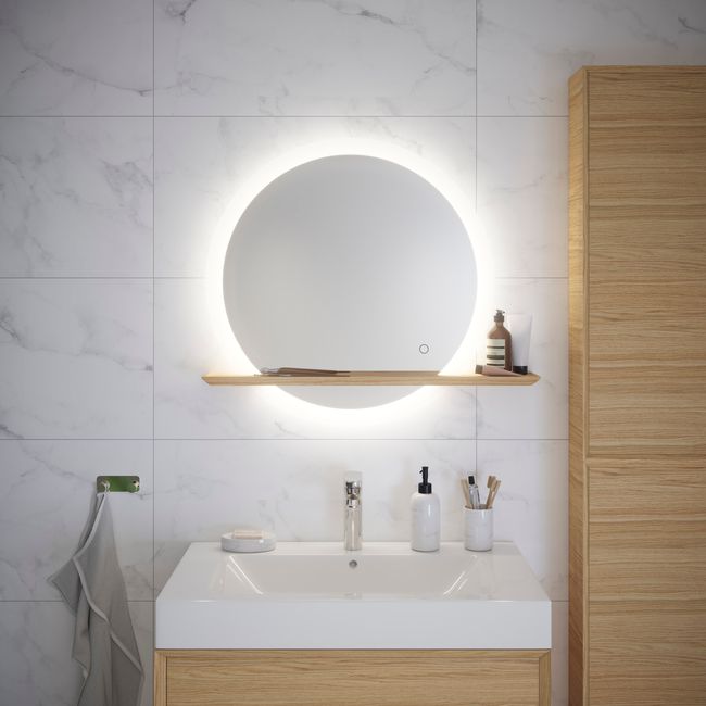 GoodHome Avela LED-spejl Ø 75 cm med hylde