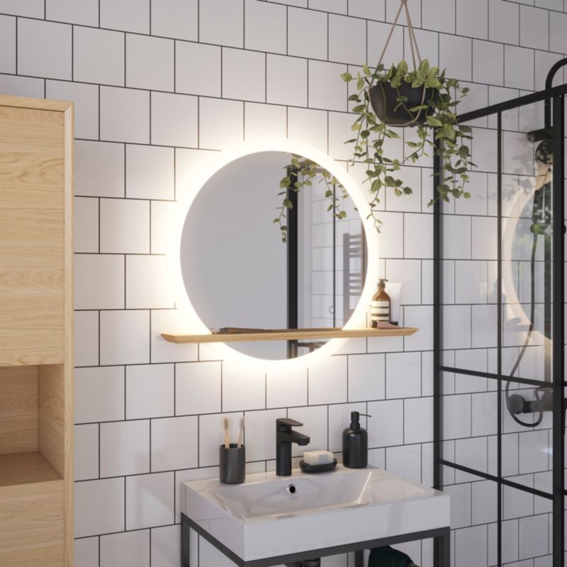 GoodHome Avela LED-spejl Ø 75 cm med hylde