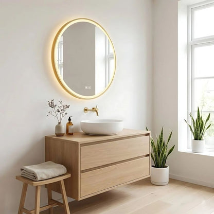 LED Spejl Rund 80 cm Gylden med Varmt Lys