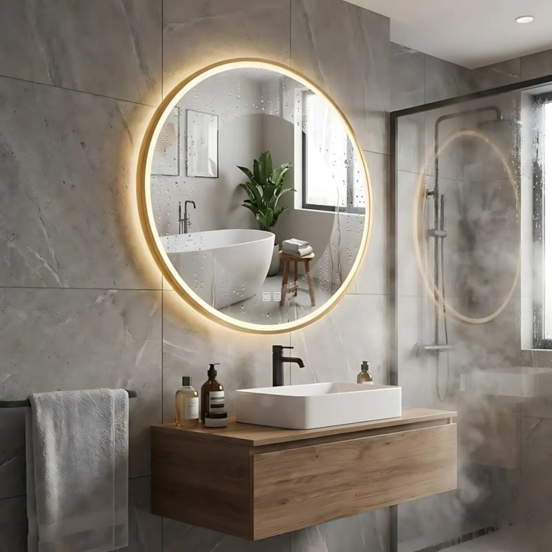 LED Spejl Rund 80 cm Gylden med Varmt Lys