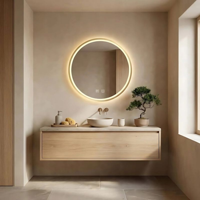LED Spejl Rund 80 cm Gylden med Varmt Lys