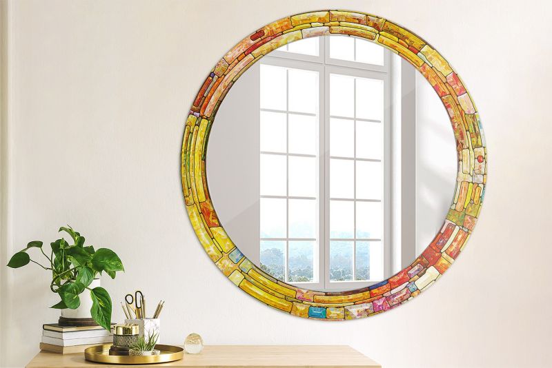 Rundt Tulup-spejl med farvet glasmaleri 80 cm - unikt på hærdet glasbund, 1 stk.