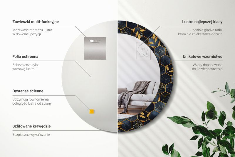 Rundt Tulup Marmormønster Hexagon Spejl 90 cm Geometrisk med Underlag 1 stk.
