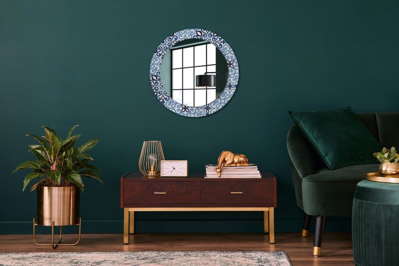 Rundt Tulup-spejl med blåt arabisk mønster 60 cm kunstnerisk på hærdet glasramme, 1 stk.