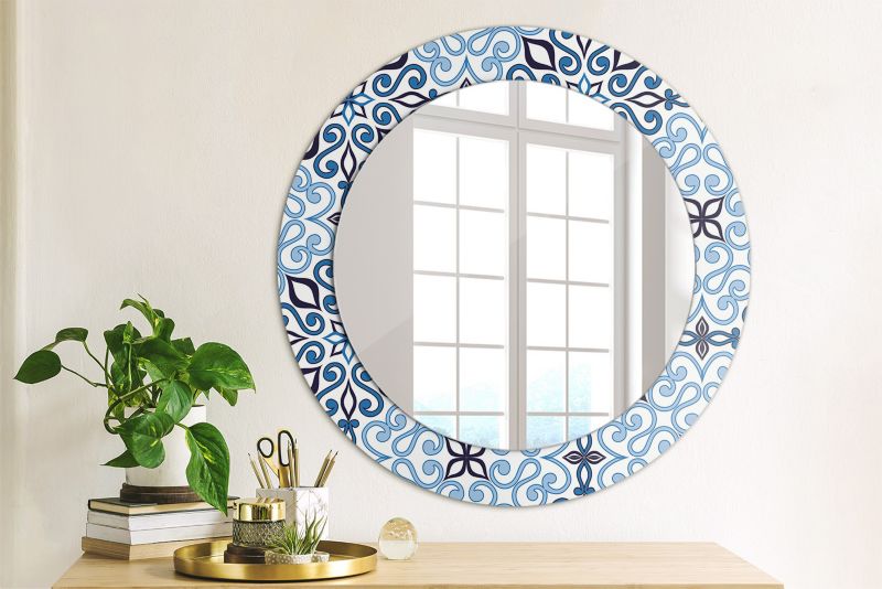 Rundt Tulup-spejl med blåt arabisk mønster 60 cm kunstnerisk på hærdet glasramme, 1 stk.