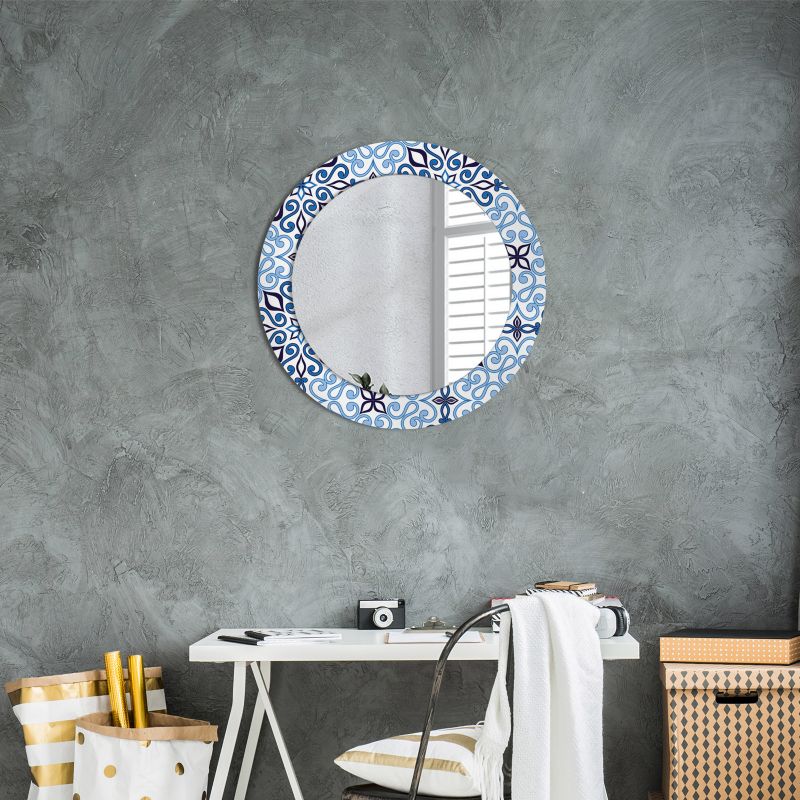 Rundt Tulup-spejl med blåt arabisk mønster 60 cm kunstnerisk på hærdet glasramme, 1 stk.