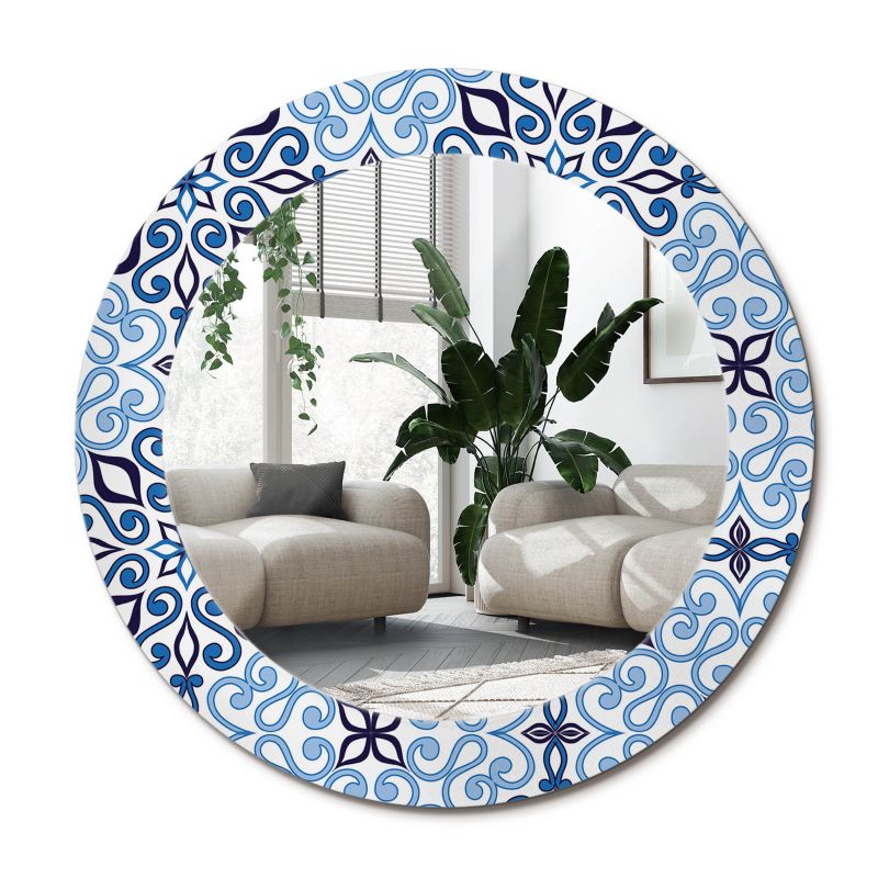 Rundt Tulup-spejl med blå arabisk mønster 70 cm kunstnerisk på hærdet glasramme, 1 stk.