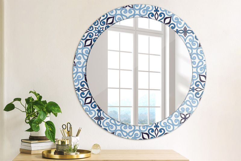 Rundt Tulup-spejl med blå arabisk mønster 70 cm kunstnerisk på hærdet glasramme, 1 stk.