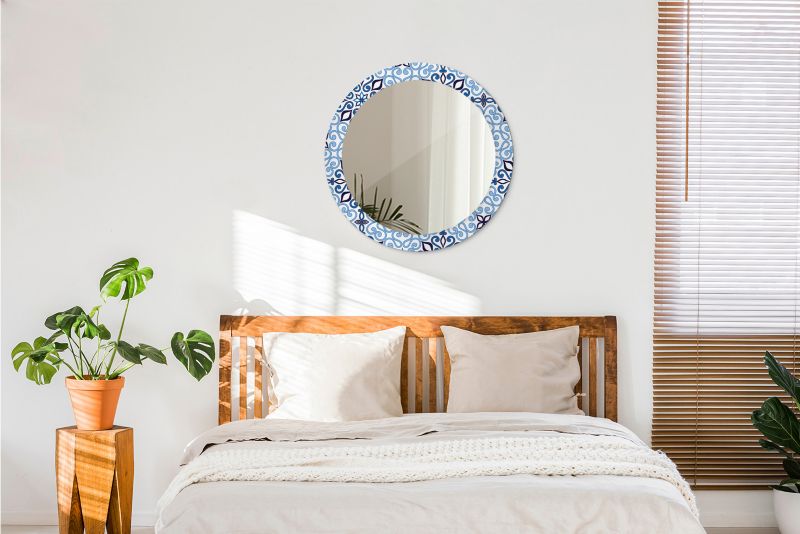 Rundt Tulup-spejl med blå arabisk mønster 70 cm kunstnerisk på hærdet glasramme, 1 stk.